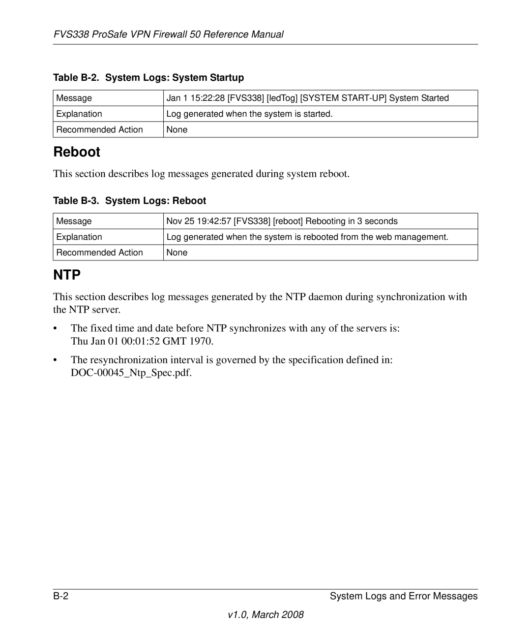 NETGEAR FVS338 manual Table B-2. System Logs System Startup, Table B-3. System Logs Reboot 