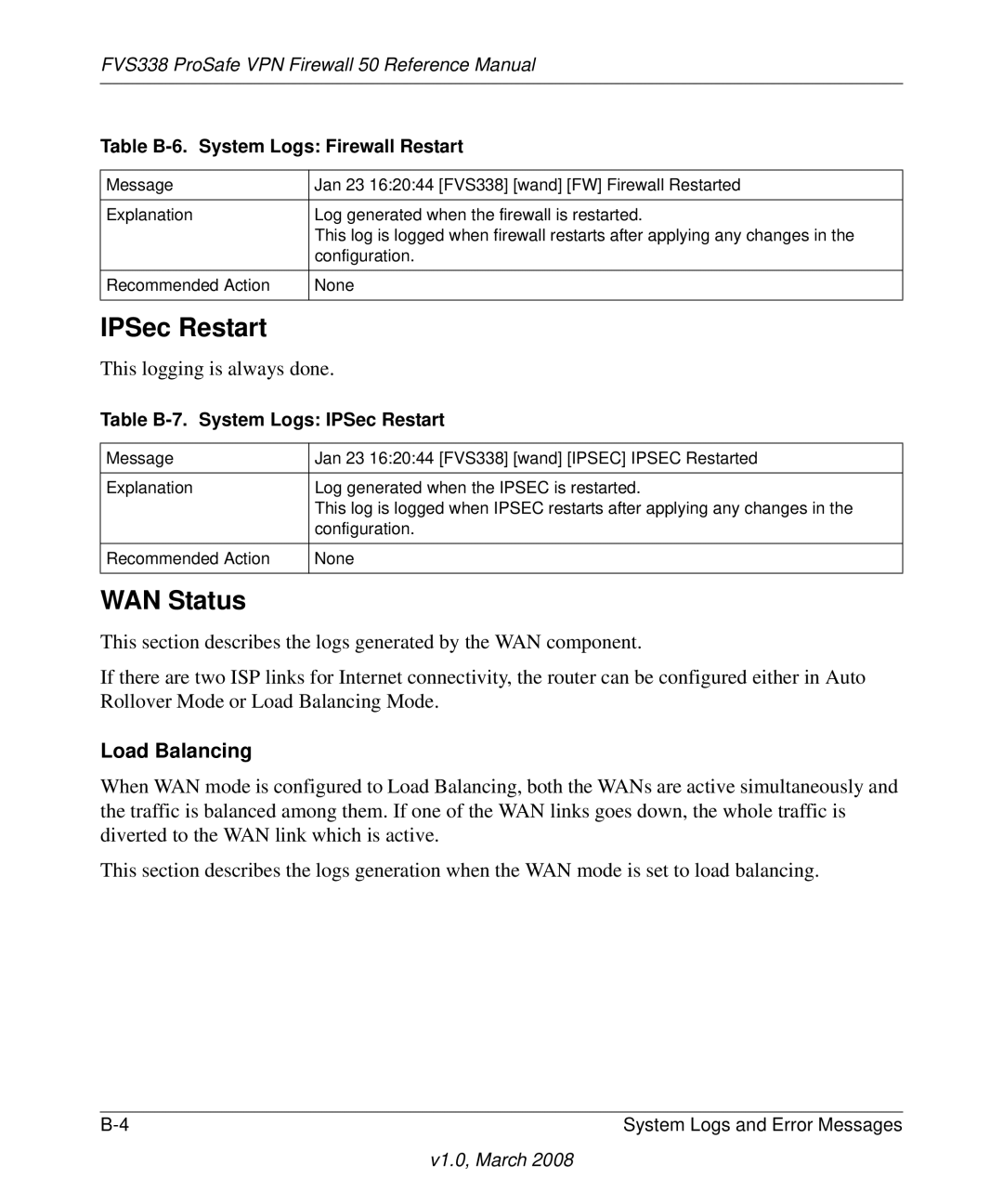 NETGEAR FVS338 manual IPSec Restart, WAN Status, Load Balancing, Table B-6. System Logs Firewall Restart 