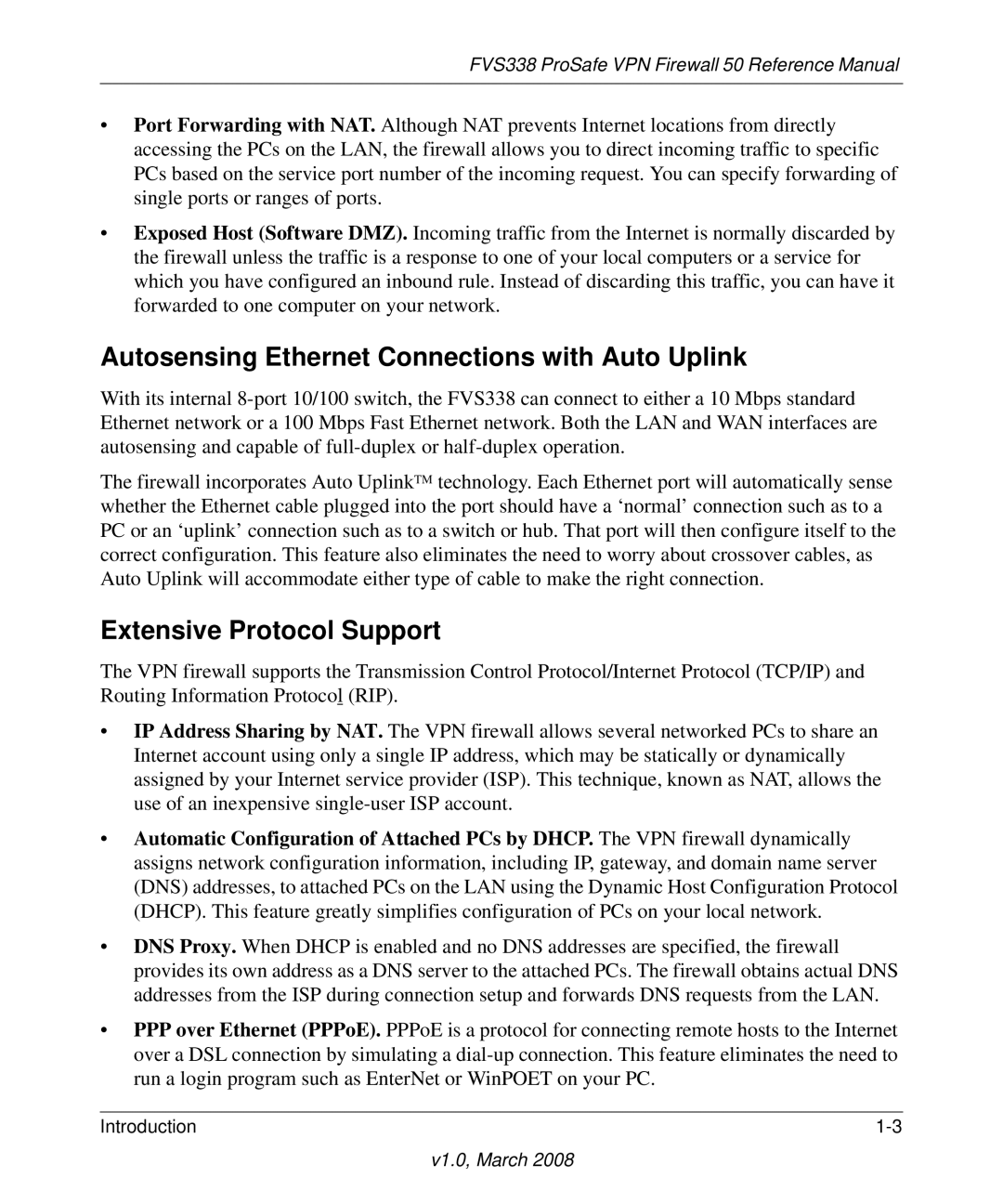 NETGEAR FVS338 manual Autosensing Ethernet Connections with Auto Uplink, Extensive Protocol Support 