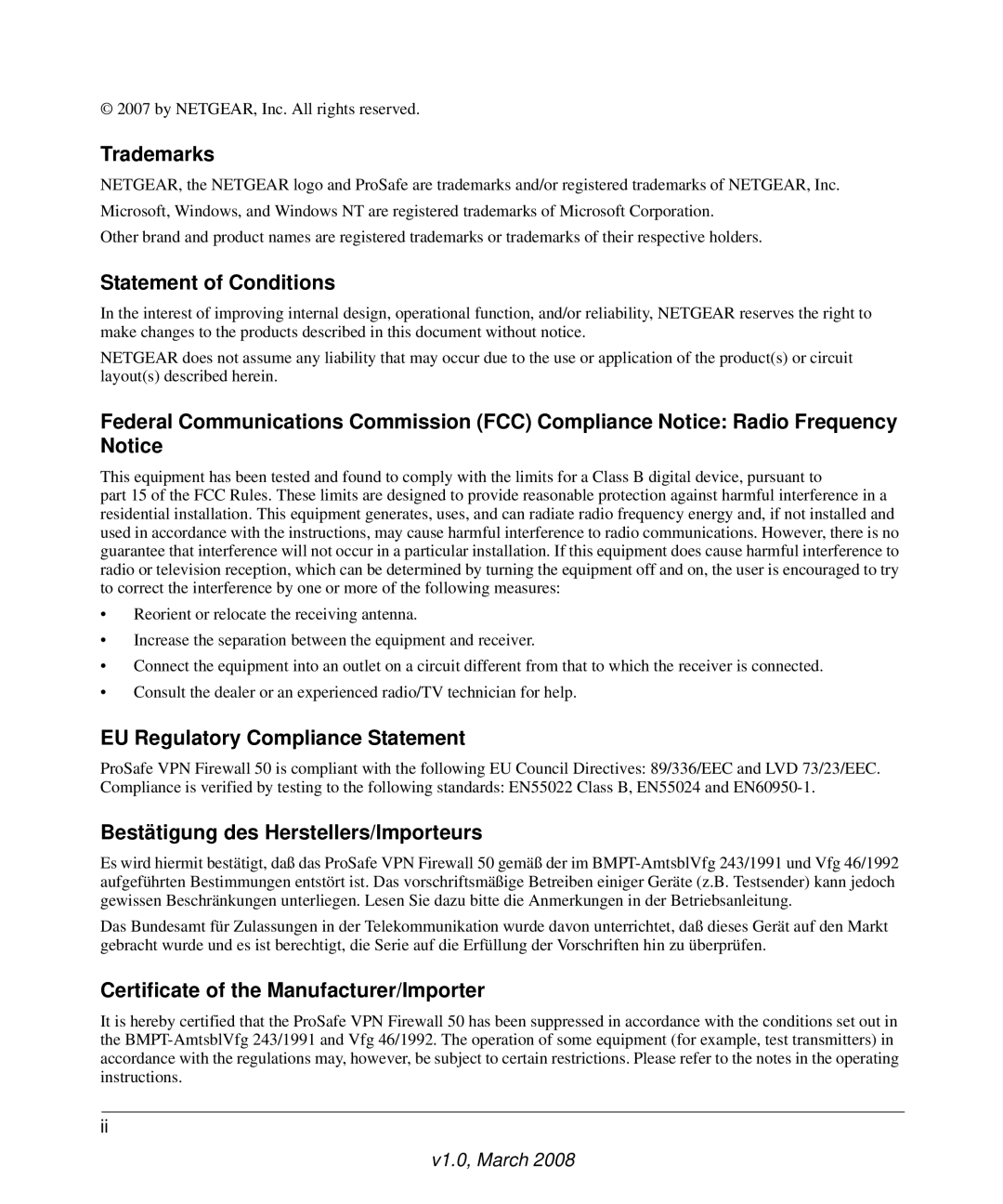 NETGEAR FVS338 manual Trademarks, Statement of Conditions, EU Regulatory Compliance Statement 