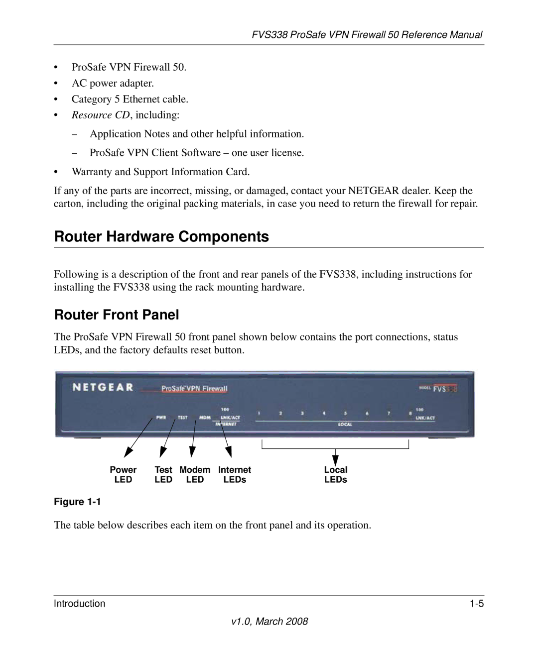 NETGEAR FVS338 manual Router Hardware Components, Router Front Panel 