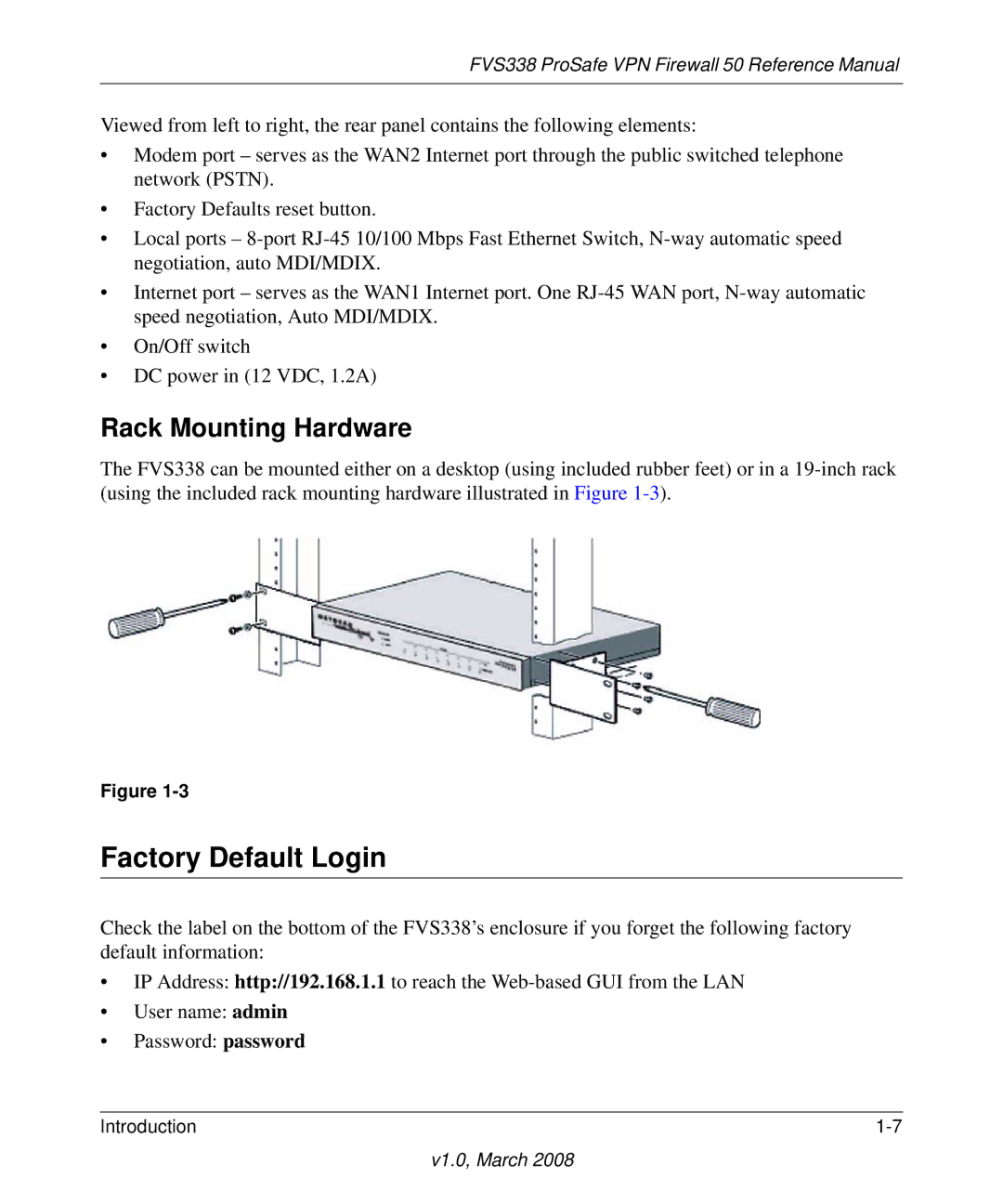 NETGEAR FVS338 manual Factory Default Login, Rack Mounting Hardware 