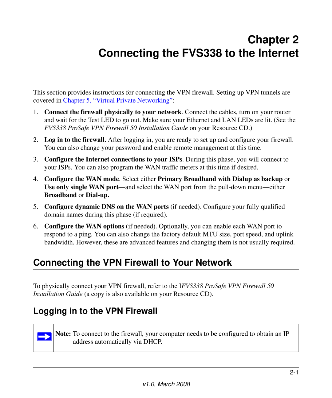 NETGEAR FVS338 manual Connecting the VPN Firewall to Your Network, Logging in to the VPN Firewall 