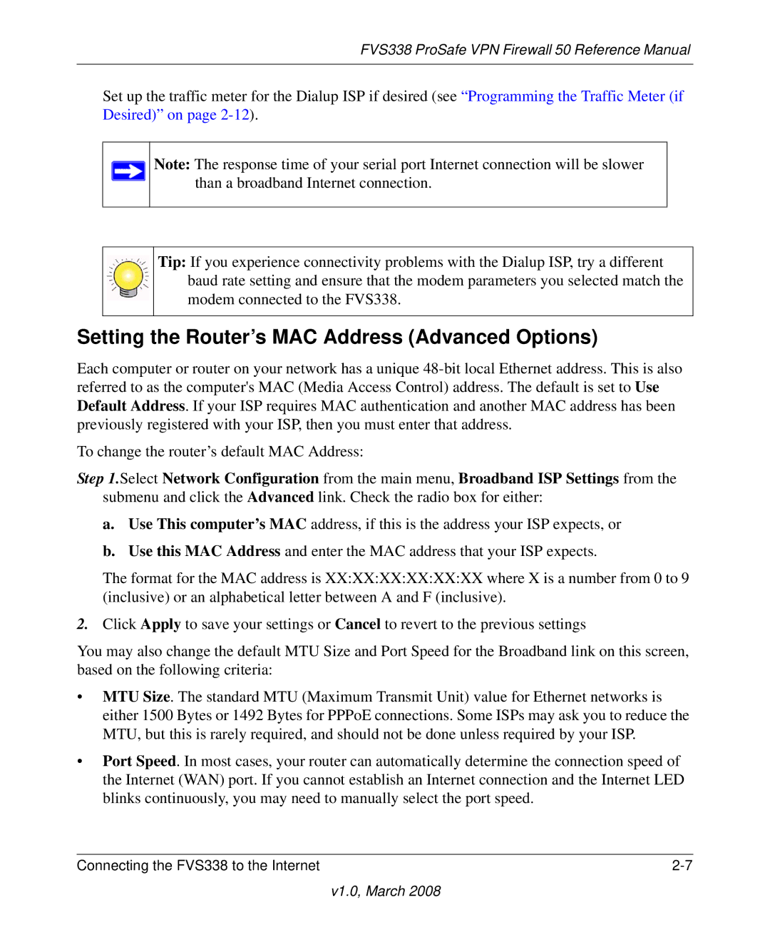 NETGEAR FVS338 manual Setting the Router’s MAC Address Advanced Options 