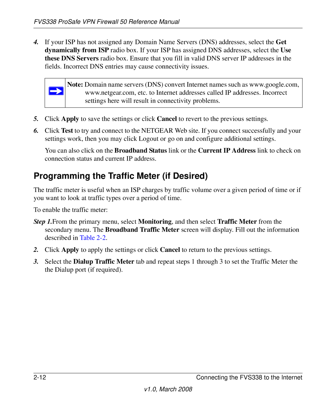 NETGEAR FVS338 manual Programming the Traffic Meter if Desired 