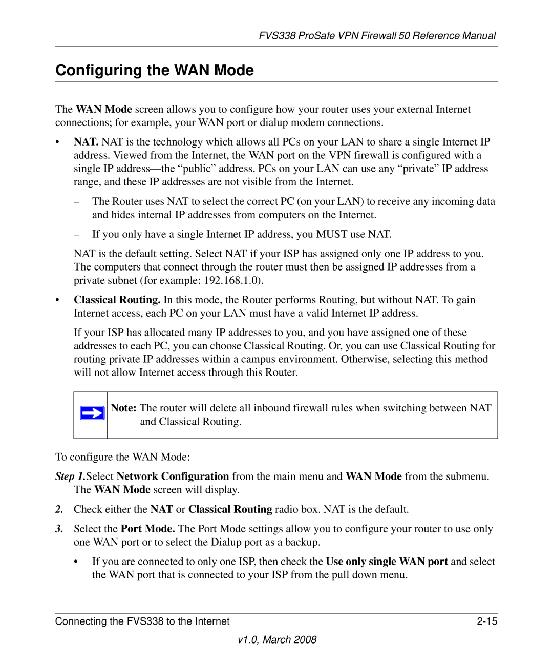 NETGEAR FVS338 manual Configuring the WAN Mode 