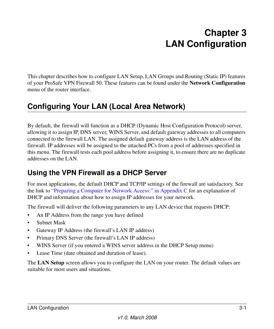 NETGEAR FVS338 manual Configuring Your LAN Local Area Network, Using the VPN Firewall as a Dhcp Server 