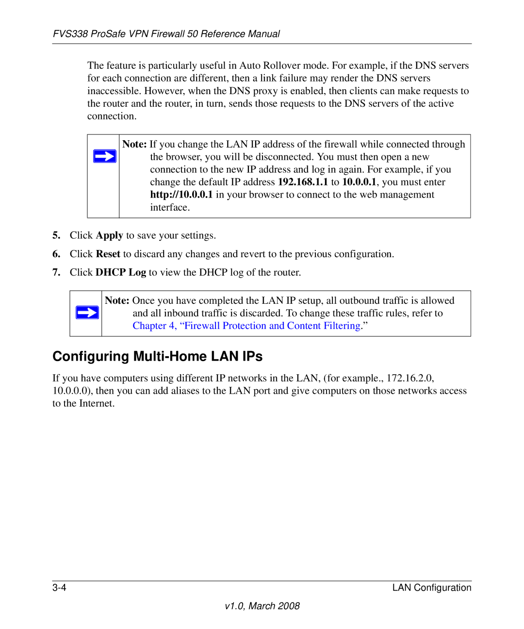 NETGEAR FVS338 manual Configuring Multi-Home LAN IPs 