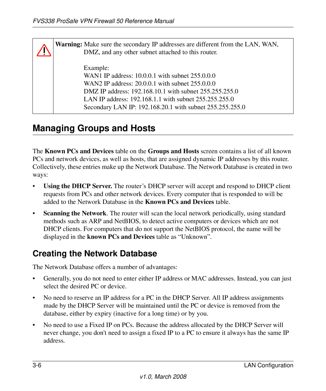 NETGEAR FVS338 manual Managing Groups and Hosts, Creating the Network Database 