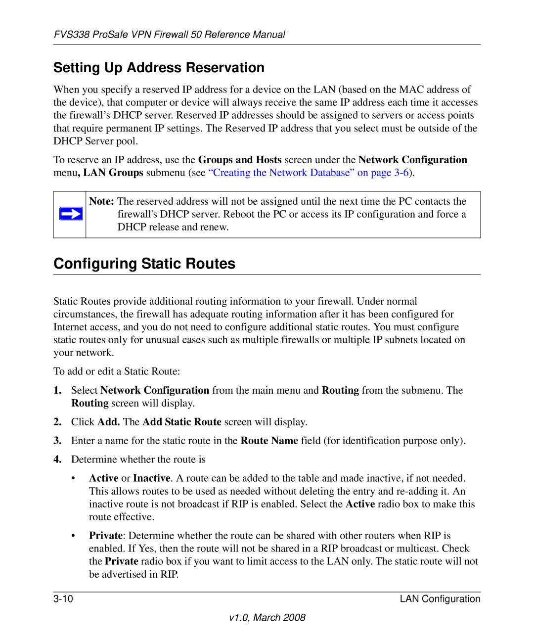 NETGEAR FVS338 manual Configuring Static Routes, Setting Up Address Reservation 