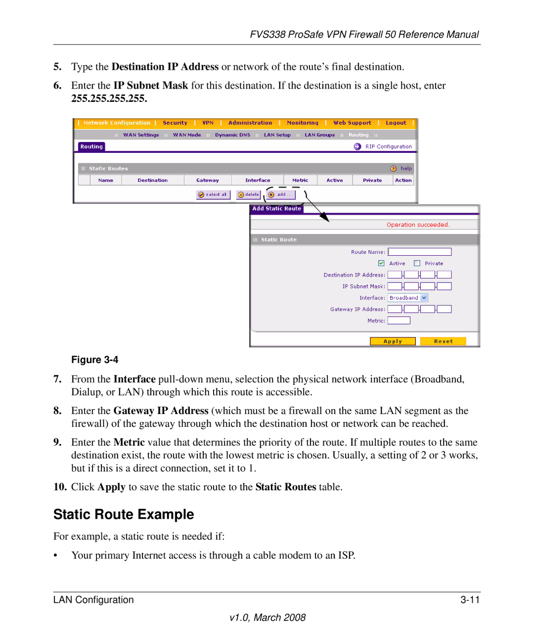 NETGEAR FVS338 manual Static Route Example, 255.255.255.255 