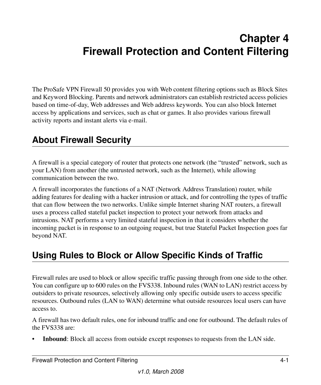 NETGEAR FVS338 manual About Firewall Security, Using Rules to Block or Allow Specific Kinds of Traffic 