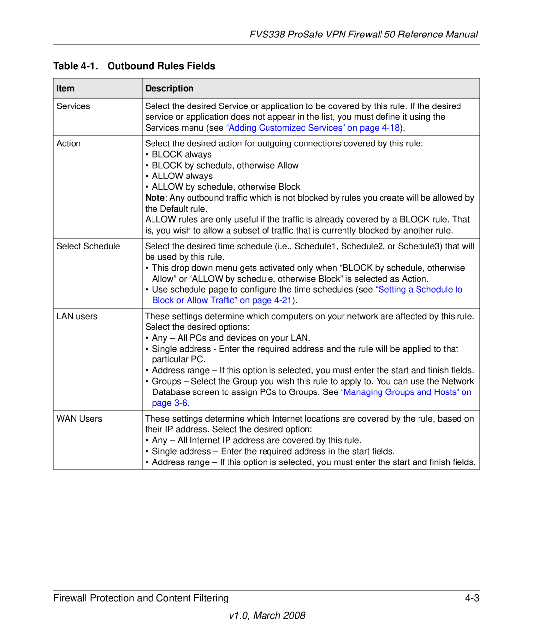 NETGEAR FVS338 manual Outbound Rules Fields, Services menu see Adding Customized Services on 