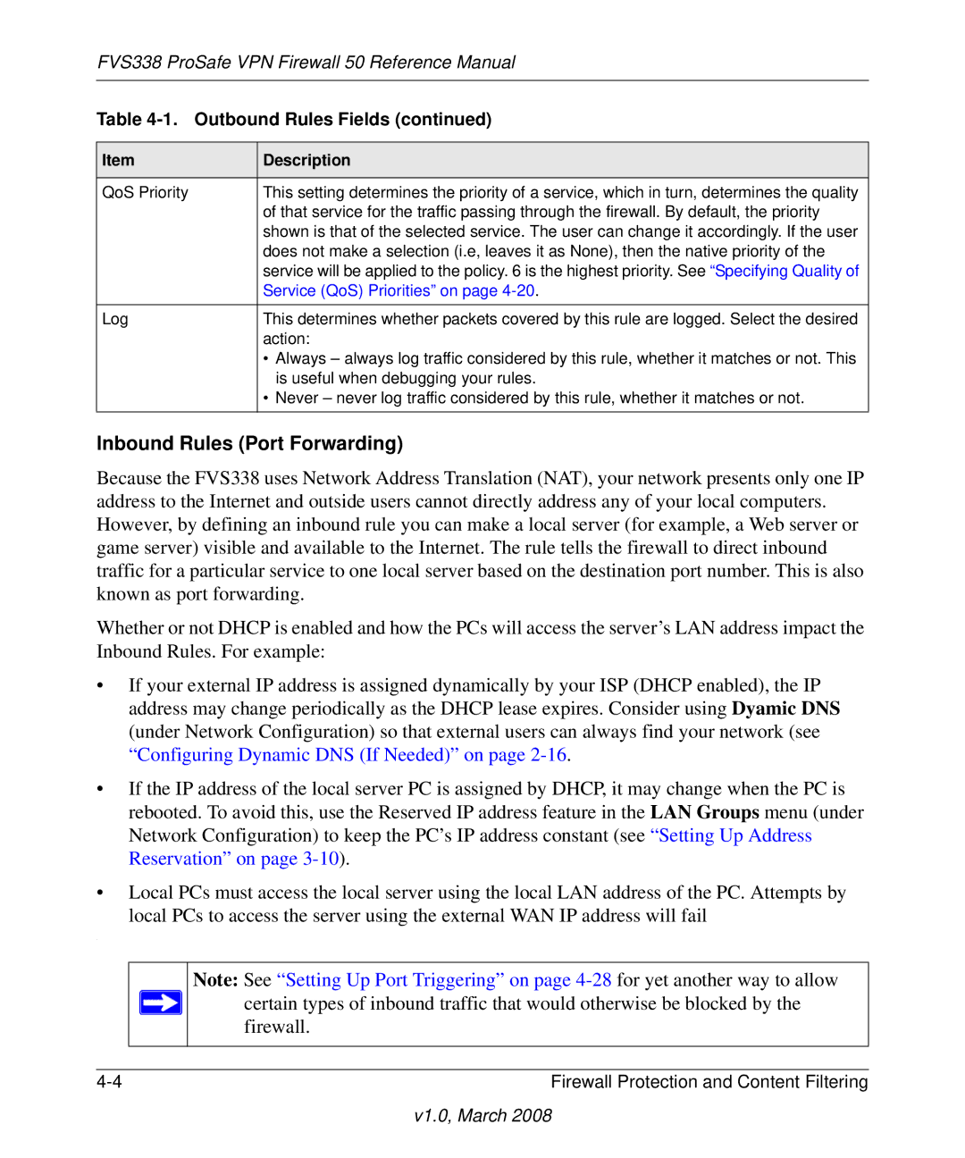 NETGEAR FVS338 manual Inbound Rules Port Forwarding, Service QoS Priorities on 