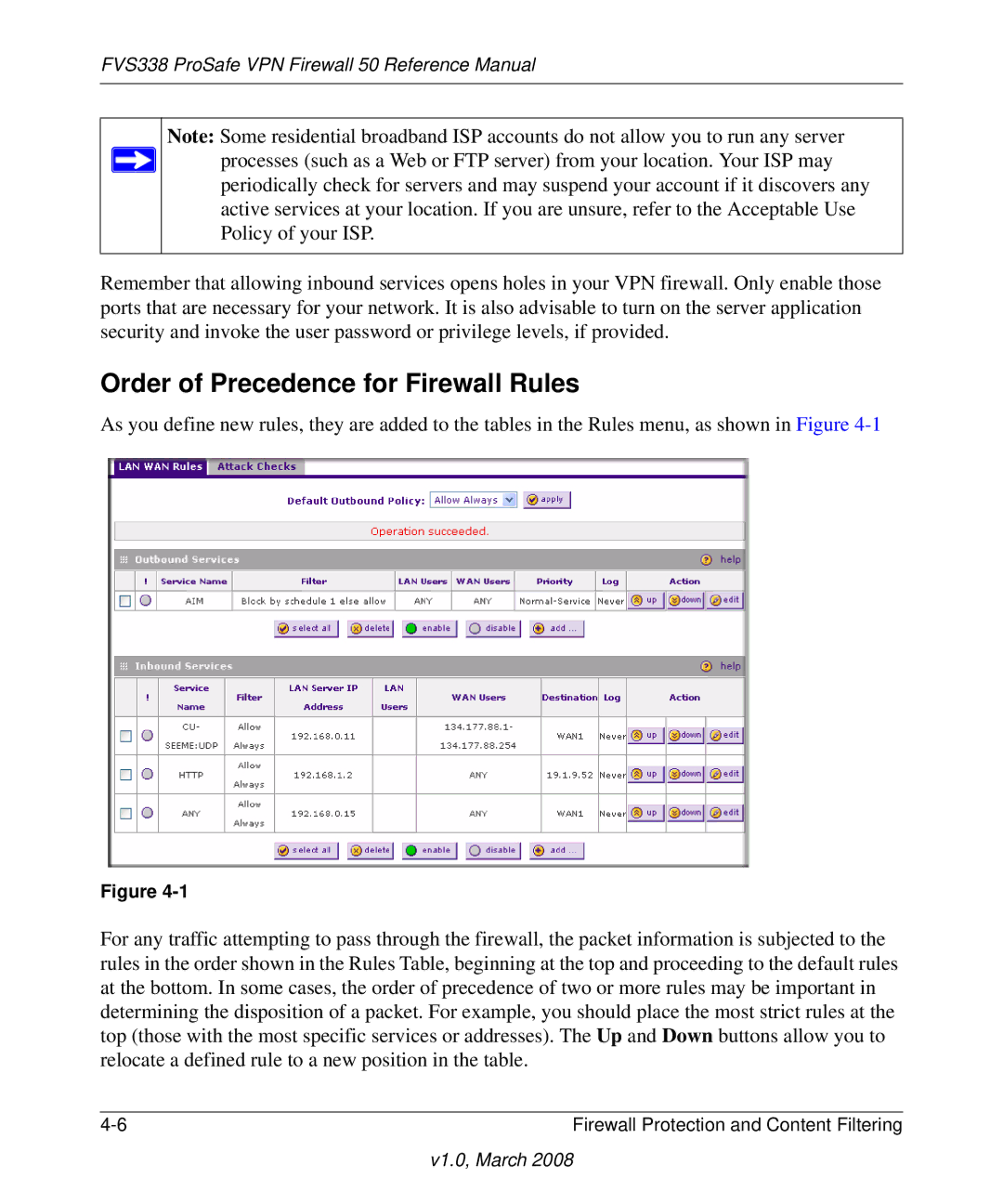 NETGEAR FVS338 manual Order of Precedence for Firewall Rules 