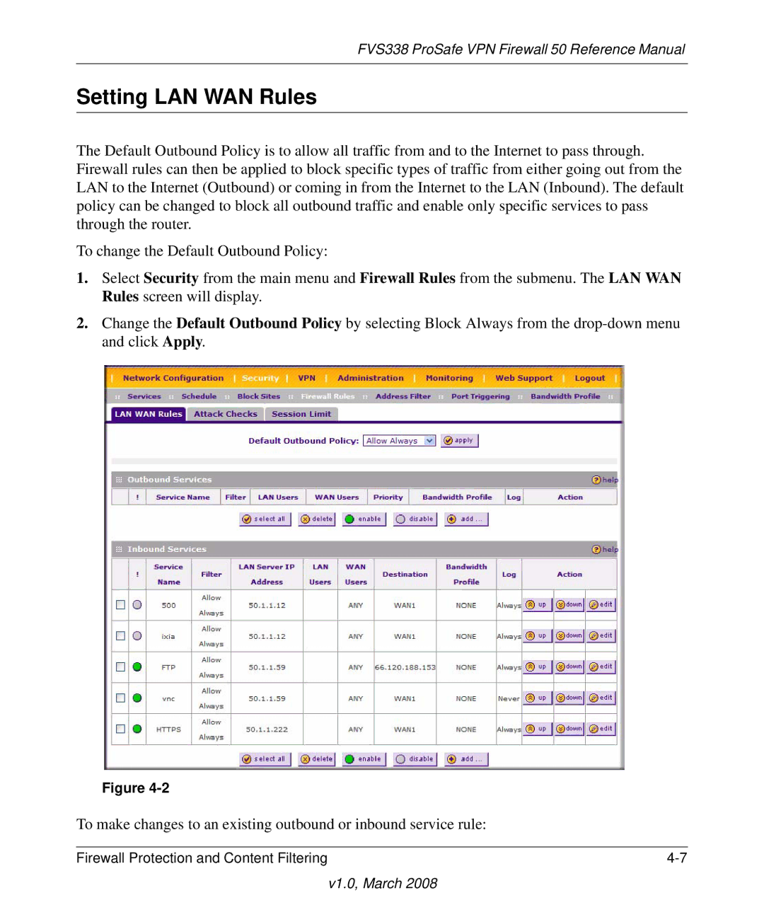 NETGEAR FVS338 manual Setting LAN WAN Rules 