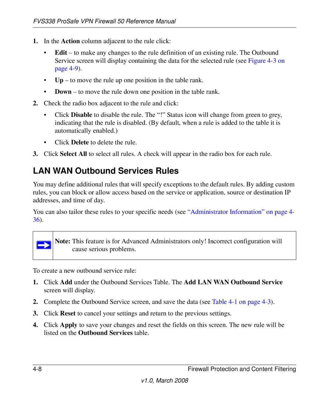 NETGEAR FVS338 manual LAN WAN Outbound Services Rules 