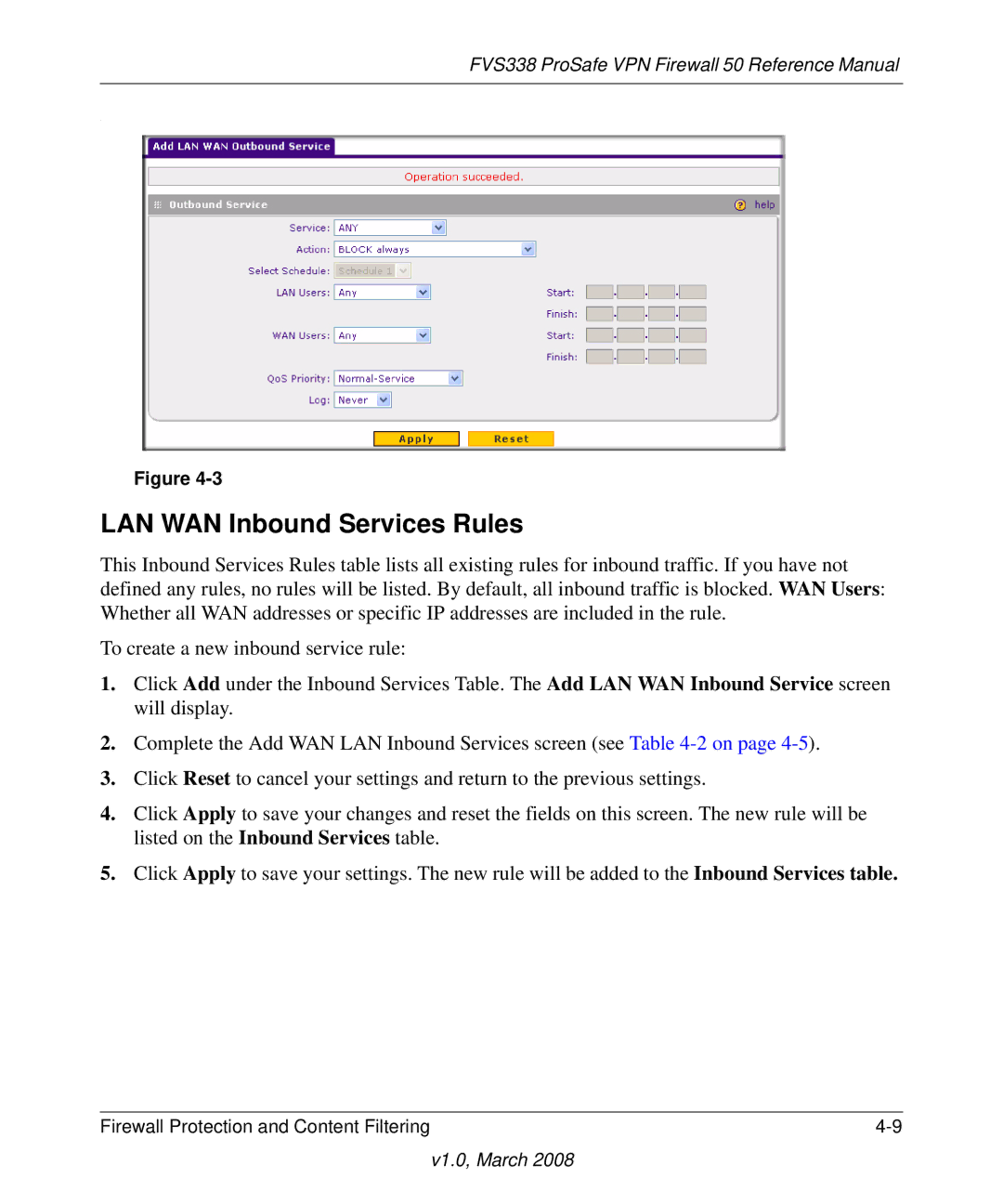 NETGEAR FVS338 manual LAN WAN Inbound Services Rules 