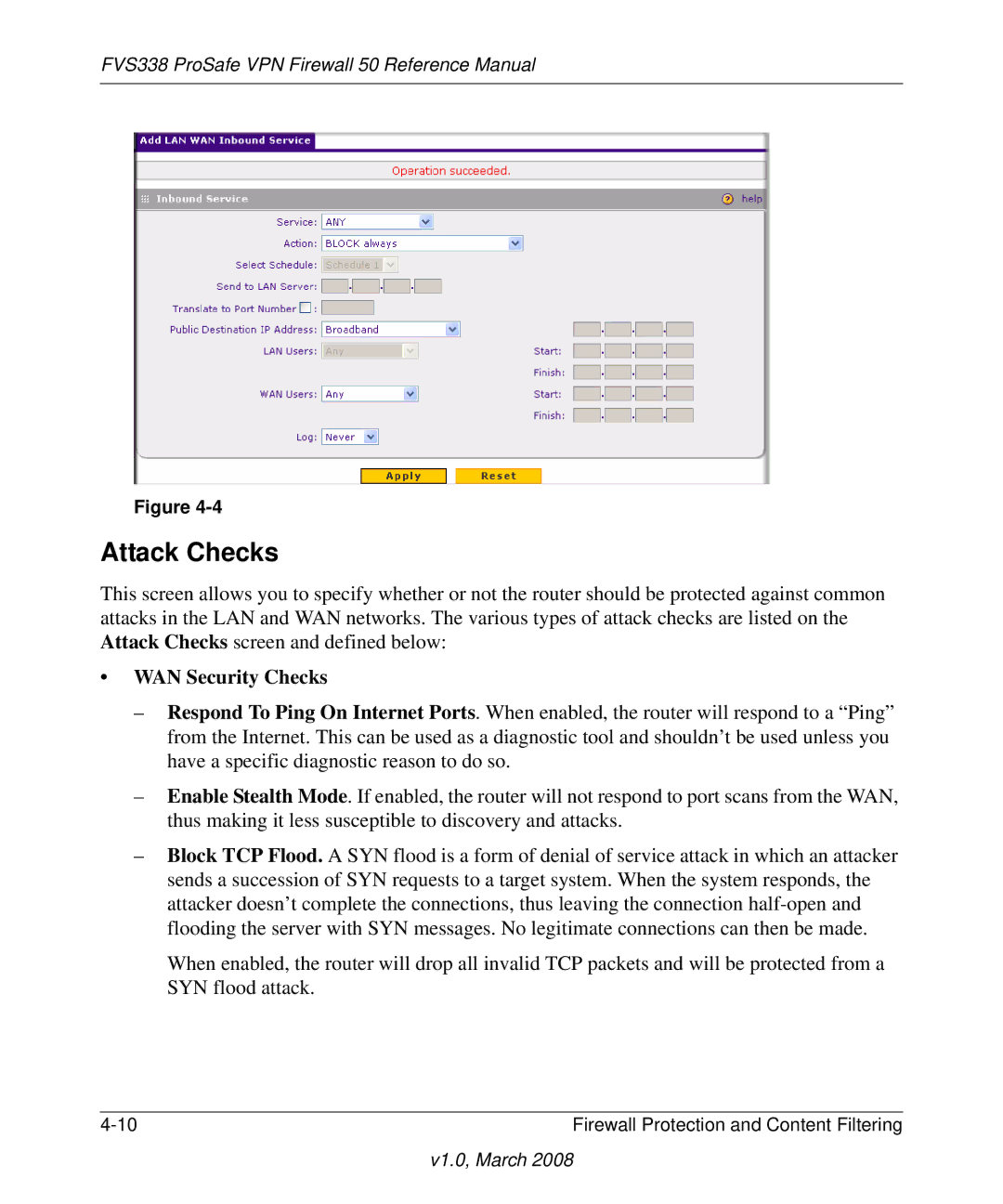 NETGEAR FVS338 manual Attack Checks, WAN Security Checks 