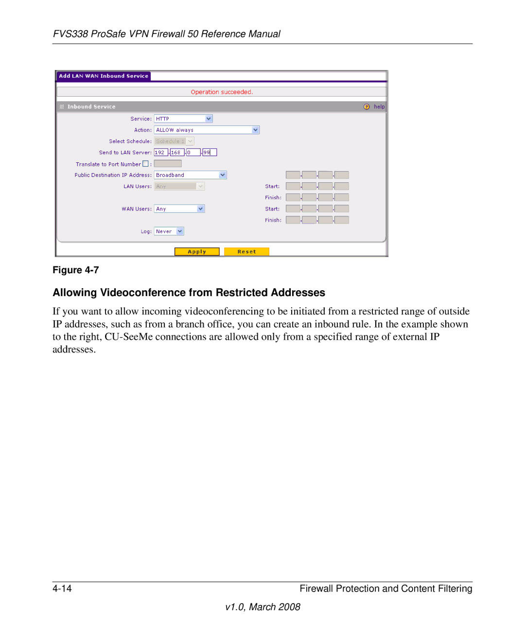 NETGEAR FVS338 manual Allowing Videoconference from Restricted Addresses 