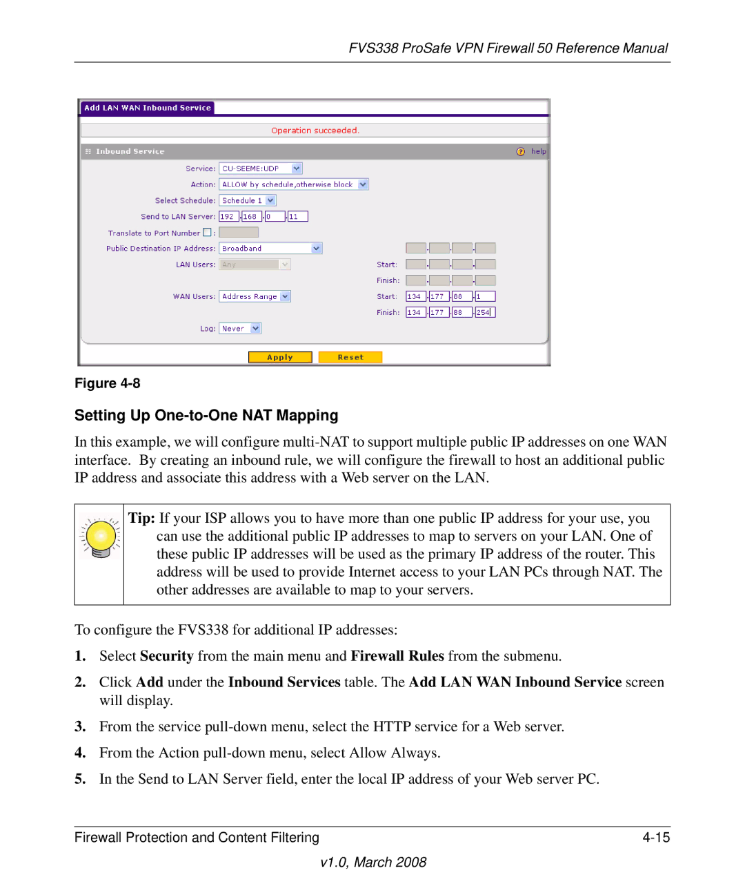 NETGEAR FVS338 manual Setting Up One-to-One NAT Mapping 