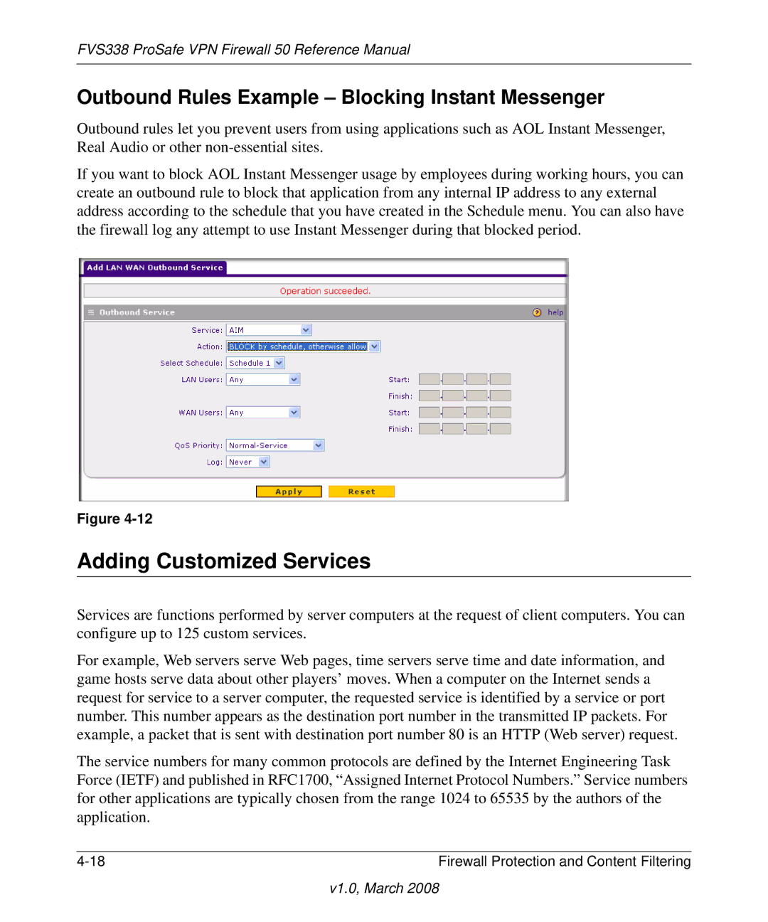 NETGEAR FVS338 manual Adding Customized Services, Outbound Rules Example Blocking Instant Messenger 