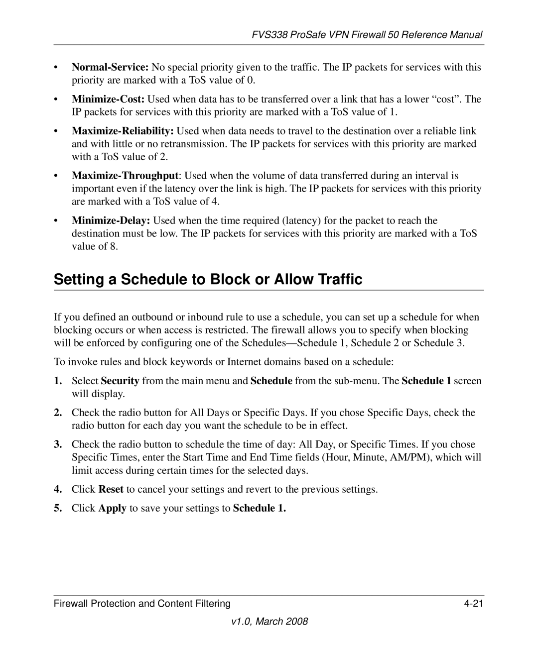 NETGEAR FVS338 manual Setting a Schedule to Block or Allow Traffic 