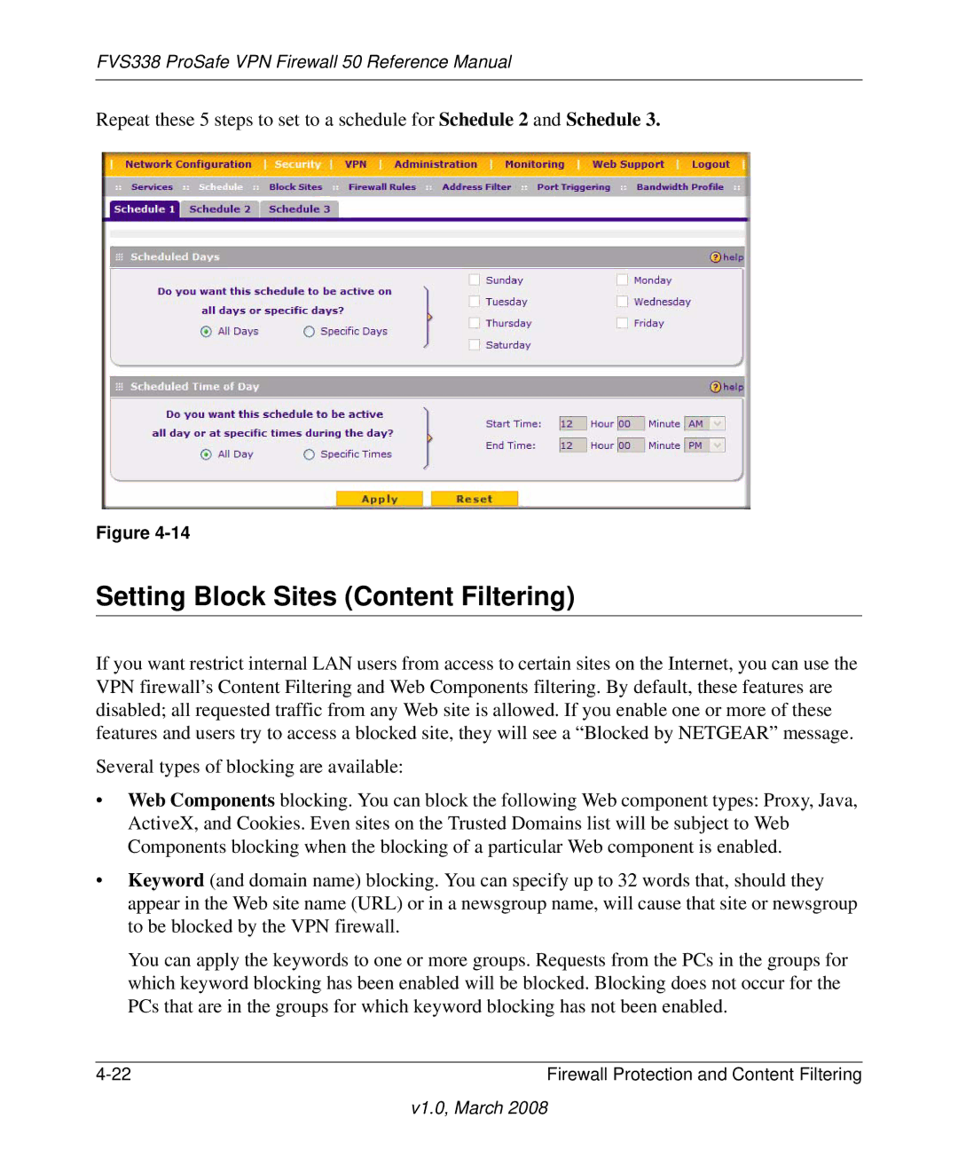 NETGEAR FVS338 manual Setting Block Sites Content Filtering 