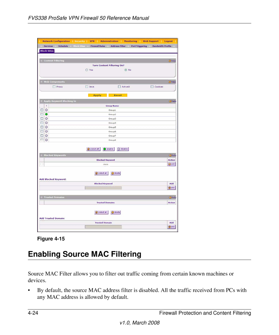 NETGEAR FVS338 manual Enabling Source MAC Filtering 