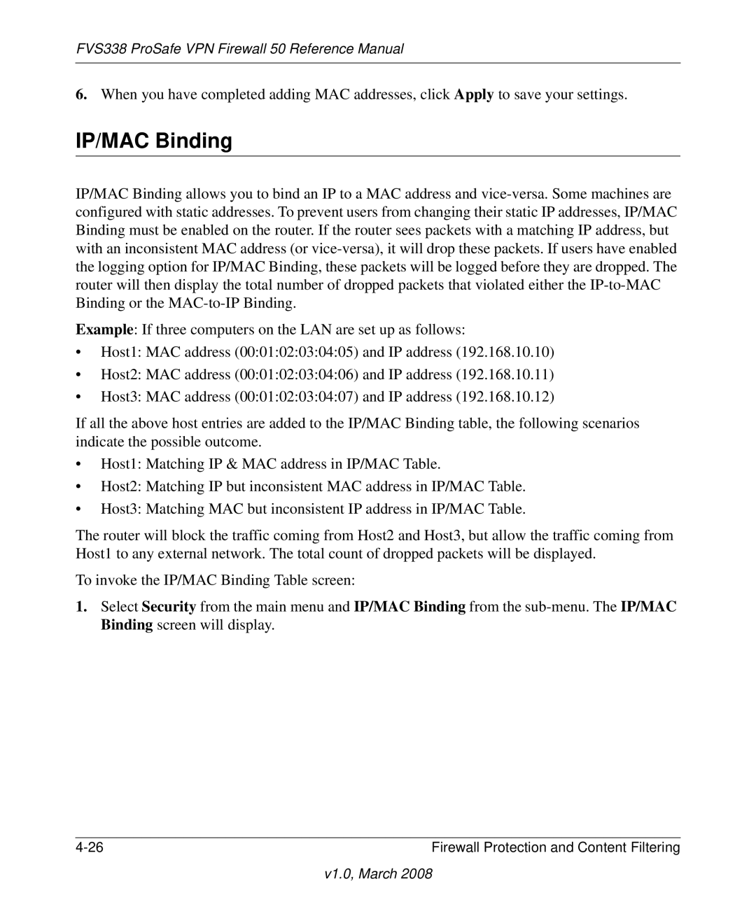 NETGEAR FVS338 manual IP/MAC Binding 