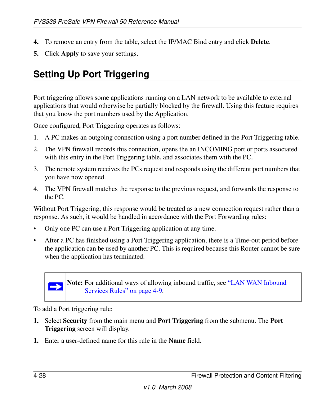 NETGEAR FVS338 manual Setting Up Port Triggering 