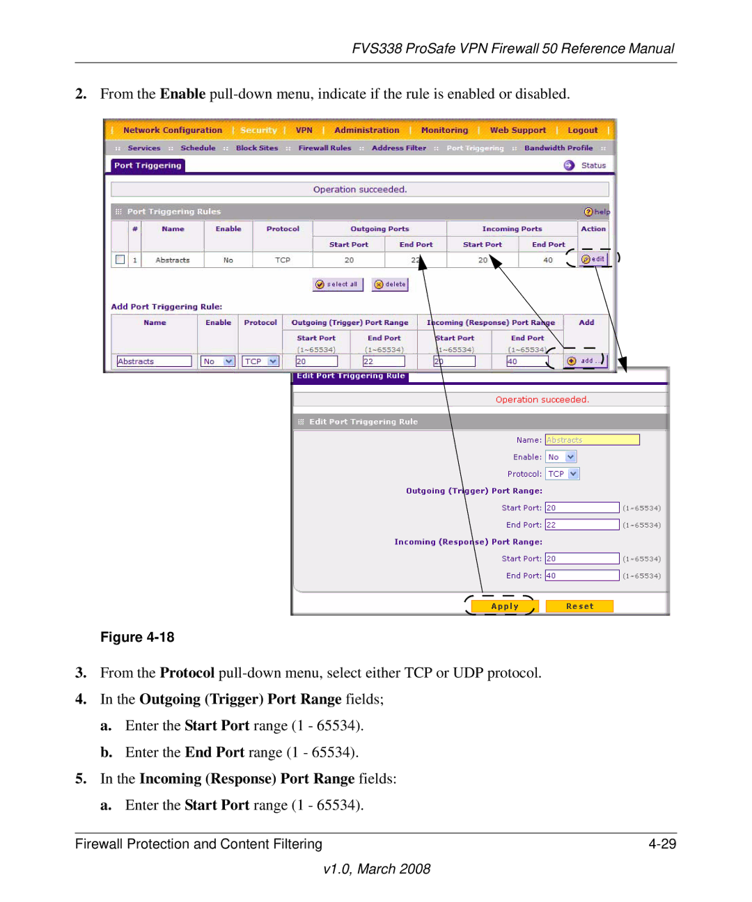 NETGEAR FVS338 manual Outgoing Trigger Port Range fields 