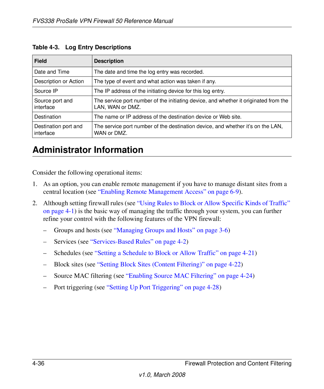 NETGEAR FVS338 manual Administrator Information, Log Entry Descriptions 