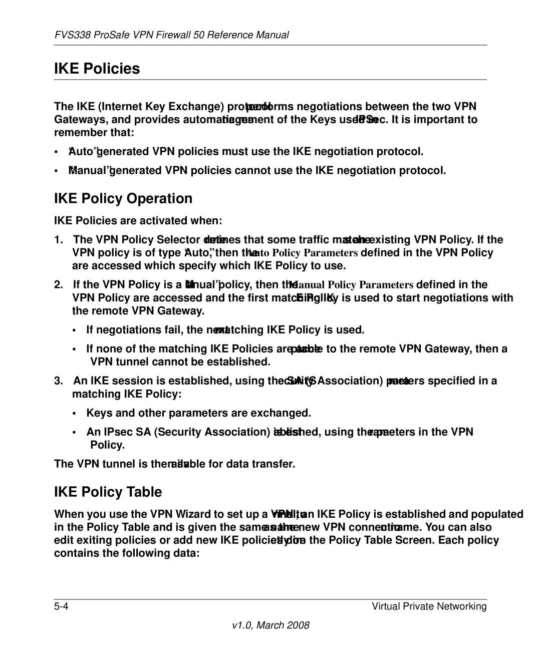 NETGEAR FVS338 manual IKE Policies, IKE Policy Operation, IKE Policy Table 