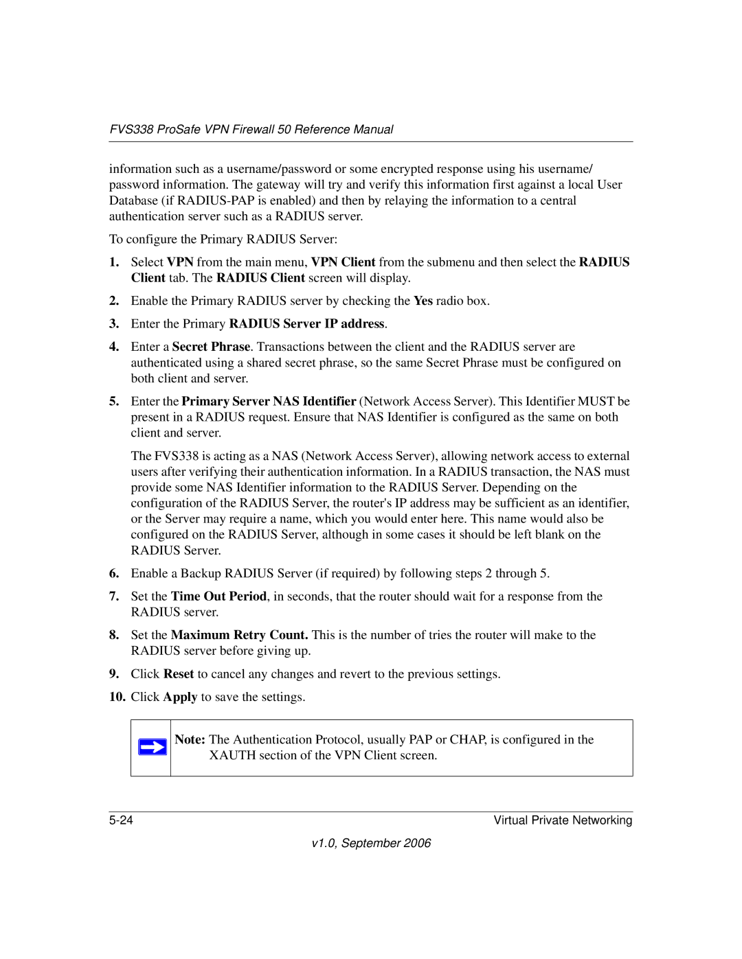 NETGEAR FVS338 manual Enter the Primary Radius Server IP address 