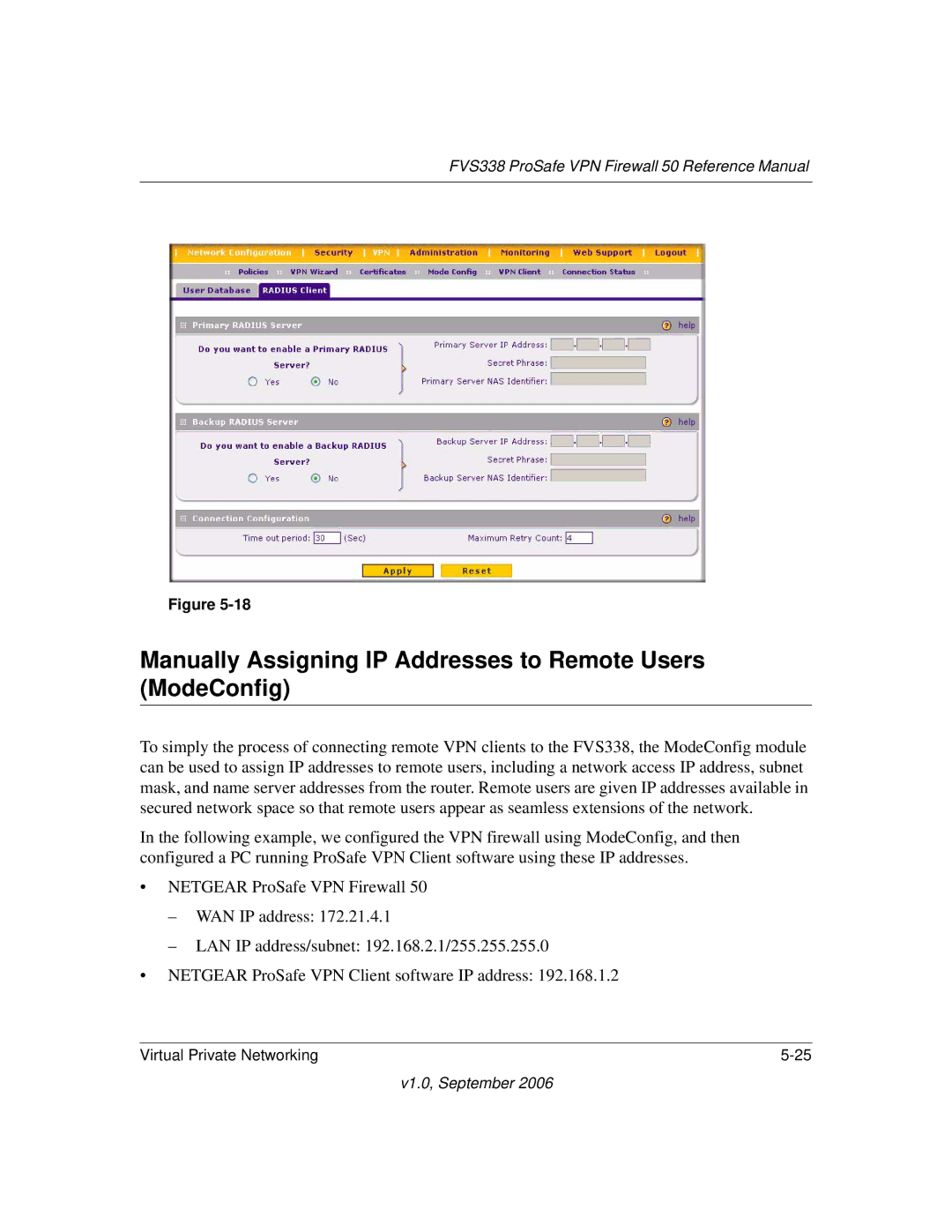 NETGEAR FVS338 manual Manually Assigning IP Addresses to Remote Users ModeConfig 