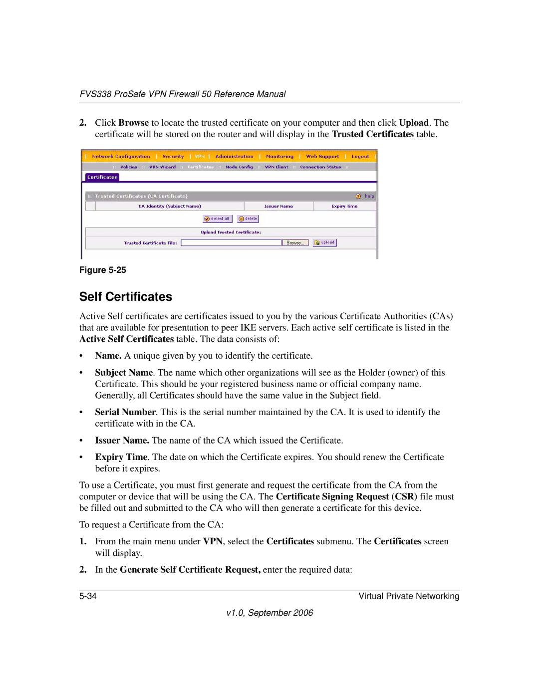 NETGEAR FVS338 manual Self Certificates, Generate Self Certificate Request, enter the required data 