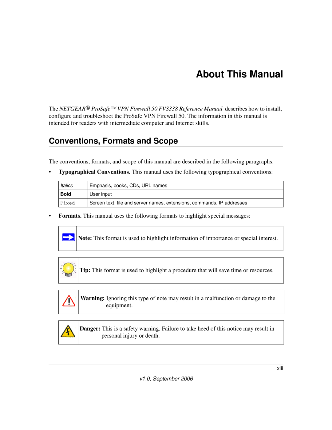 NETGEAR FVS338 manual About This Manual, Conventions, Formats and Scope 