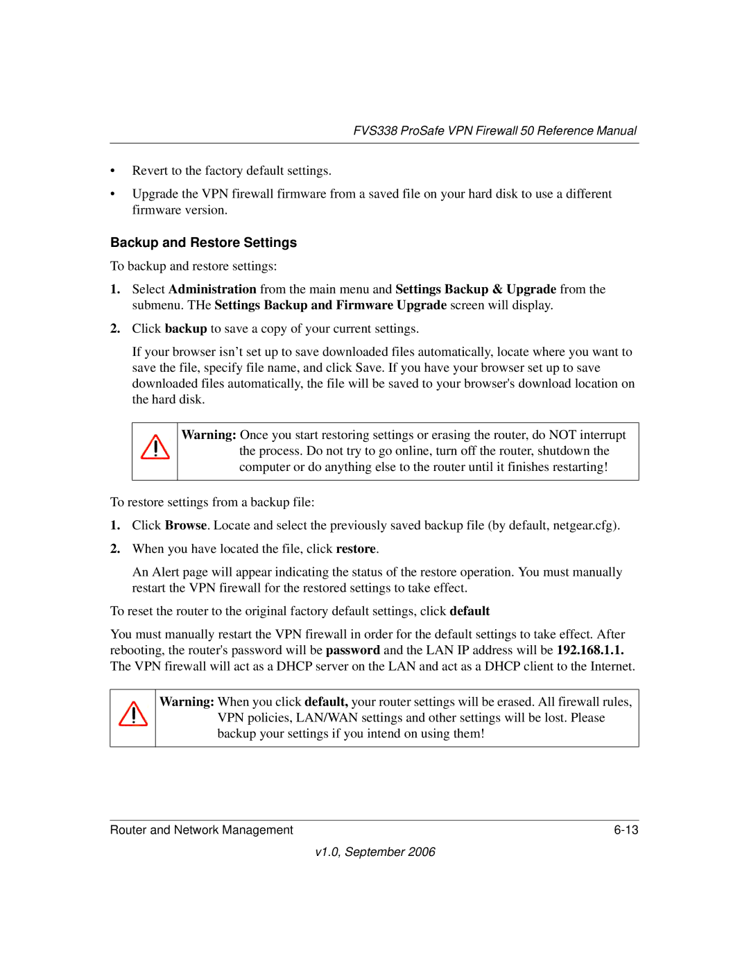 NETGEAR FVS338 manual Backup and Restore Settings 