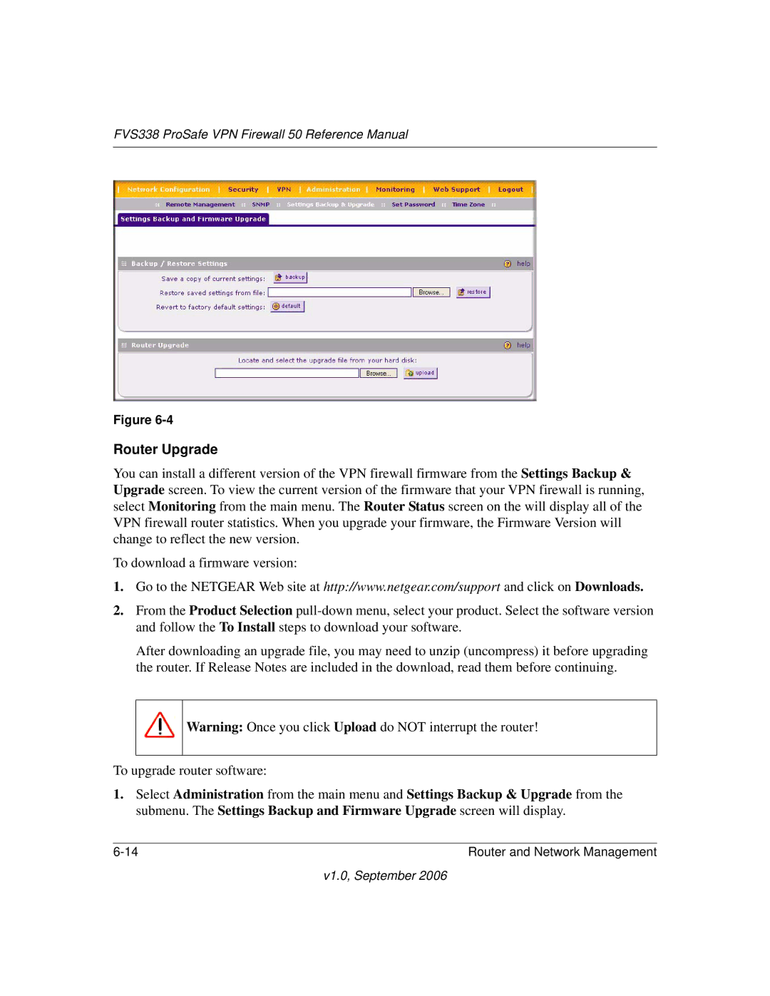 NETGEAR FVS338 manual Router Upgrade 