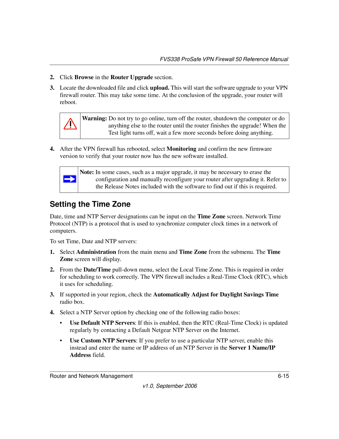 NETGEAR FVS338 manual Setting the Time Zone, Click Browse in the Router Upgrade section 