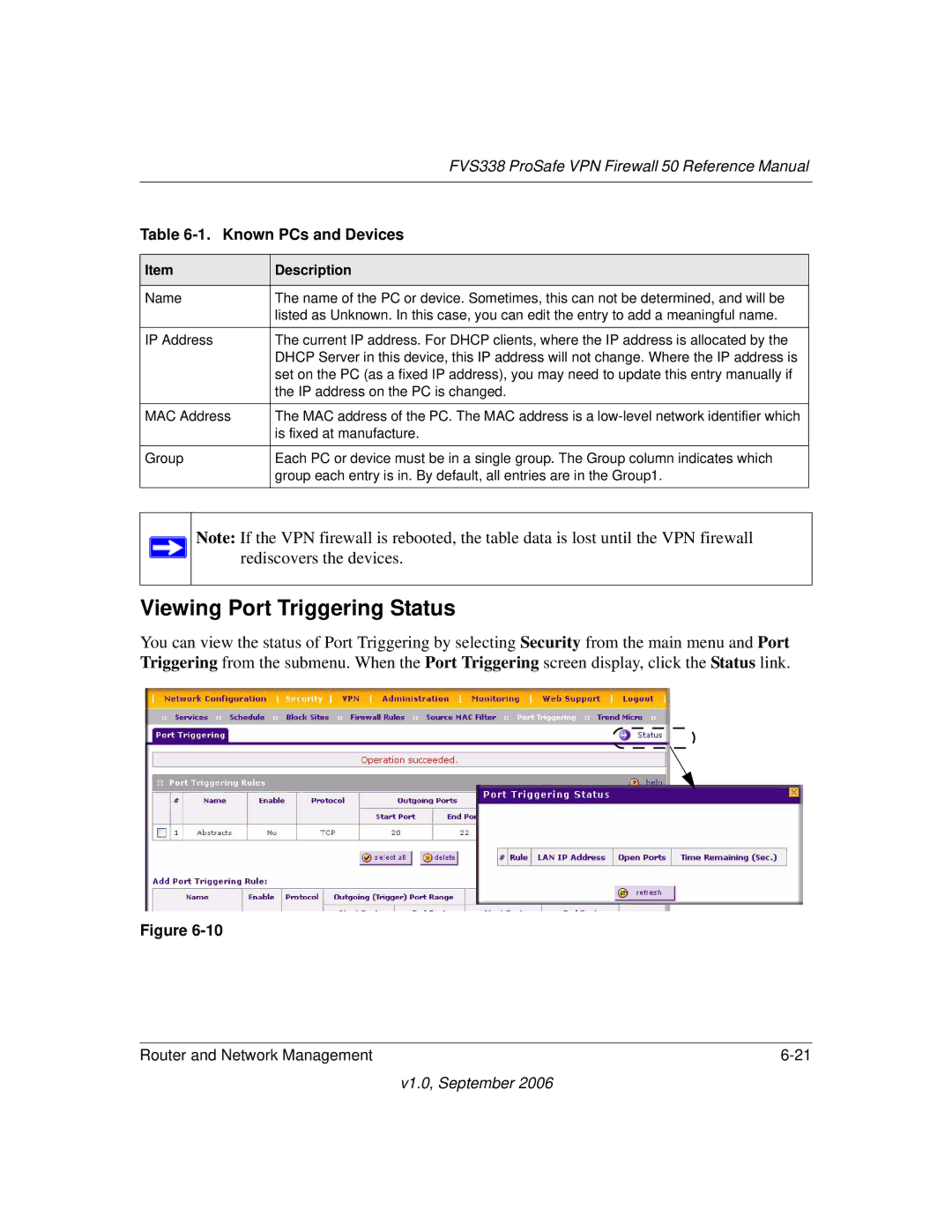 NETGEAR FVS338 manual Viewing Port Triggering Status, Known PCs and Devices 