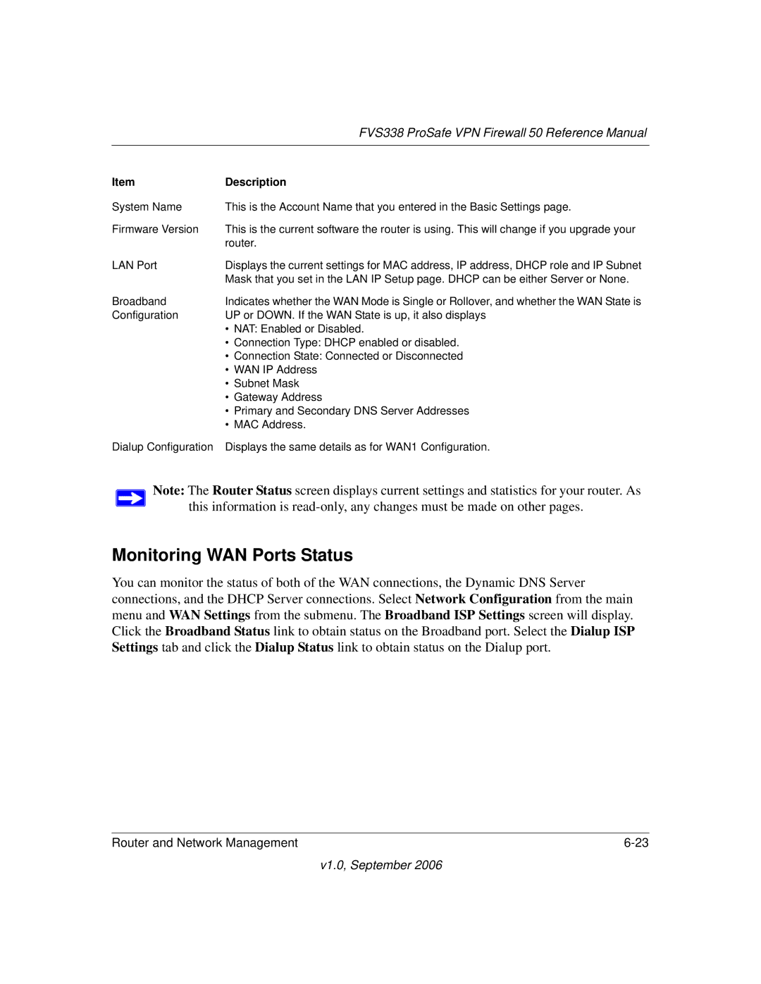 NETGEAR FVS338 manual Monitoring WAN Ports Status 