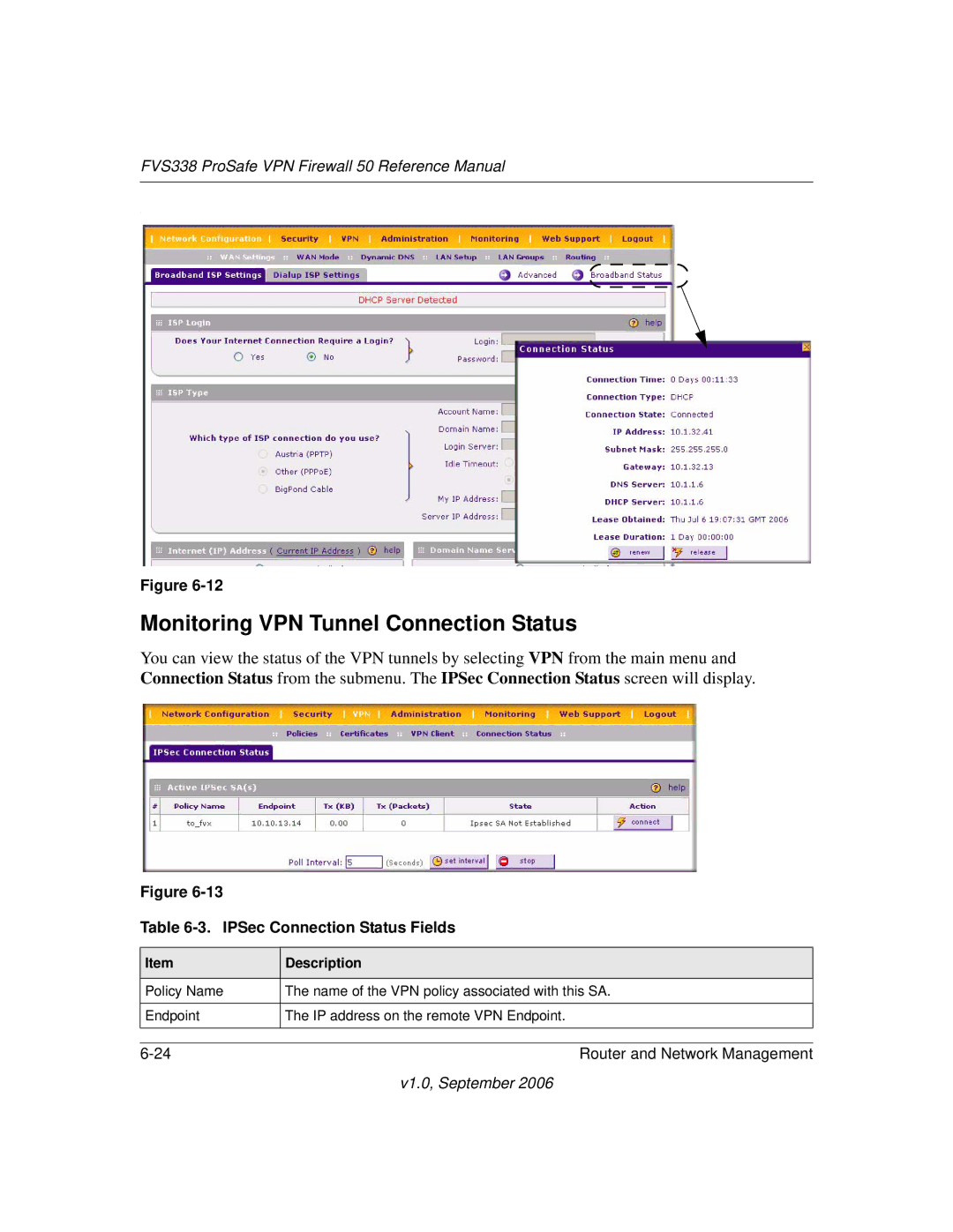 NETGEAR FVS338 manual Monitoring VPN Tunnel Connection Status, IPSec Connection Status Fields 