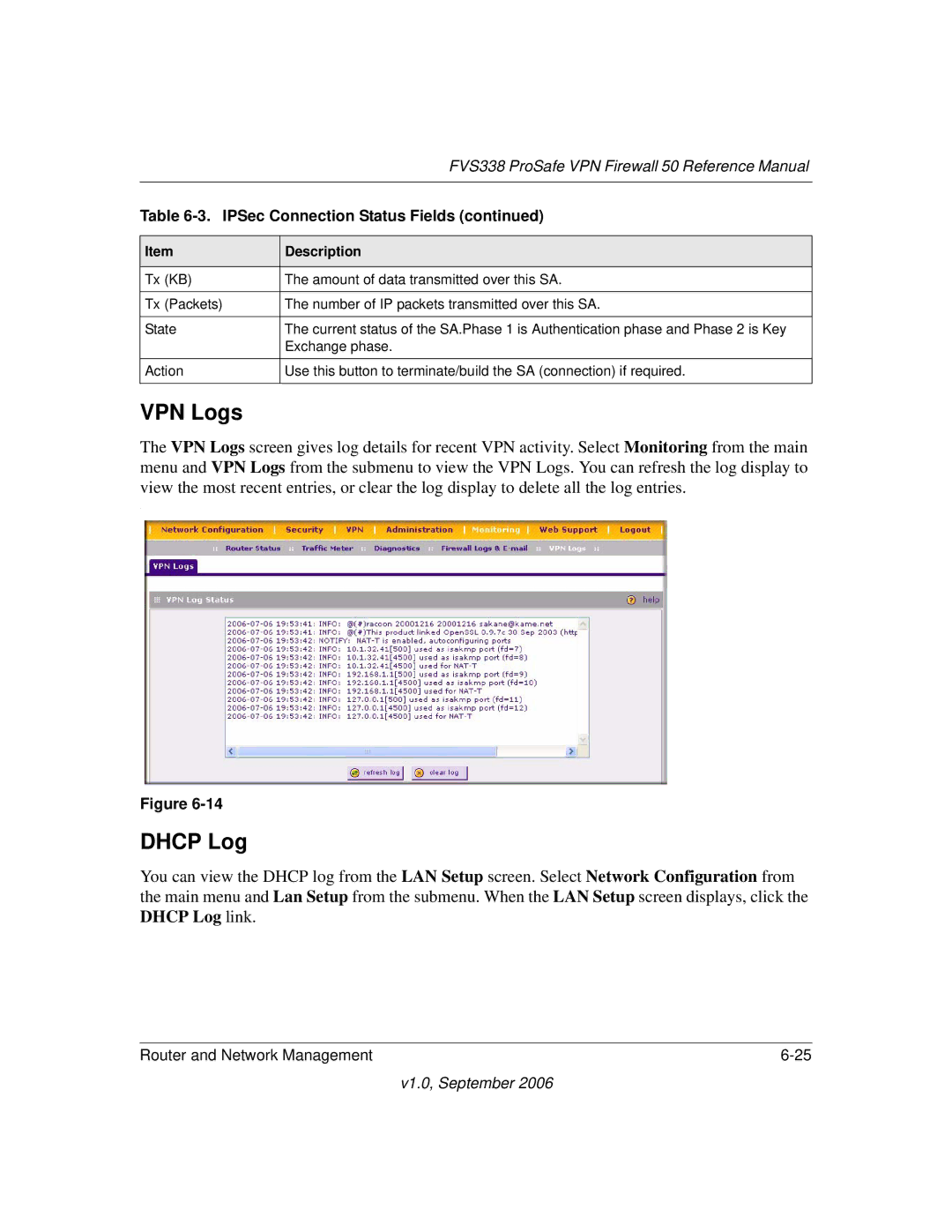 NETGEAR FVS338 manual VPN Logs, Dhcp Log 