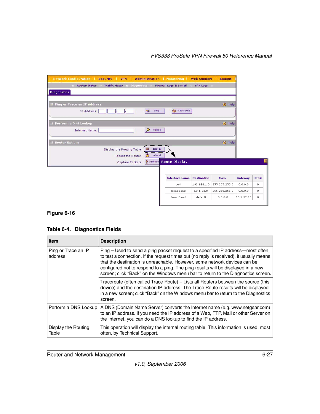 NETGEAR FVS338 manual Diagnostics Fields 