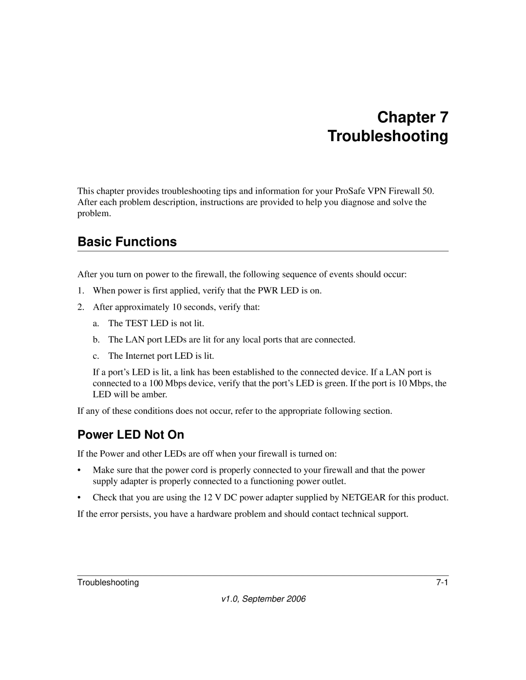 NETGEAR FVS338 manual Basic Functions, Power LED Not On 