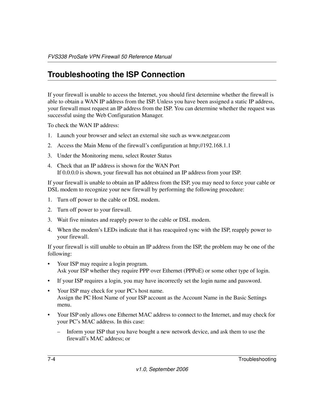 NETGEAR FVS338 manual Troubleshooting the ISP Connection 