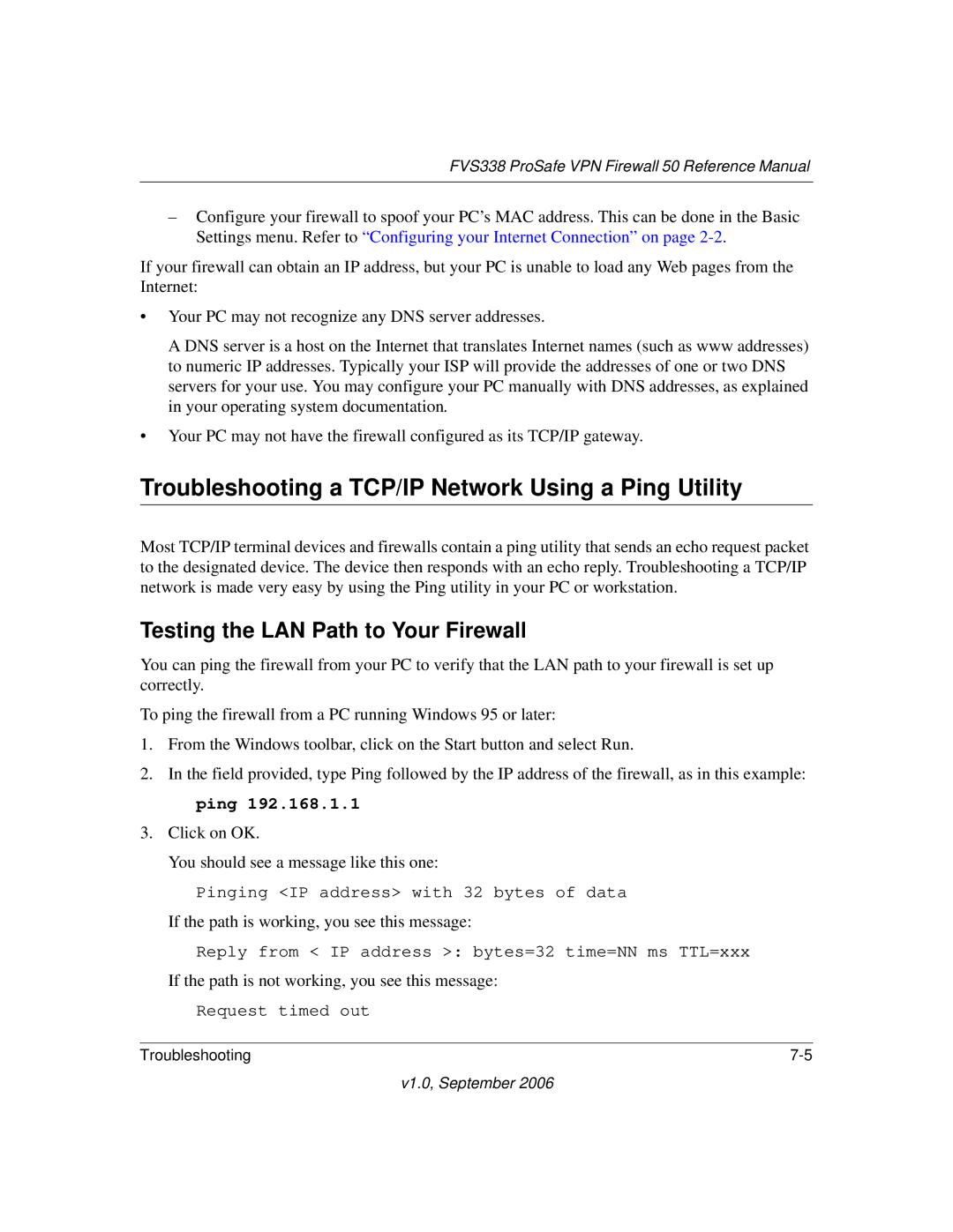 NETGEAR FVS338 manual Troubleshooting a TCP/IP Network Using a Ping Utility, Testing the LAN Path to Your Firewall 