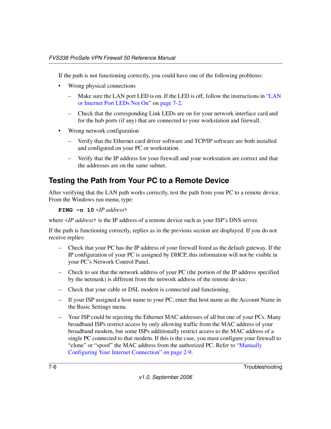 NETGEAR FVS338 manual Testing the Path from Your PC to a Remote Device, Ping -n 10 IP address 